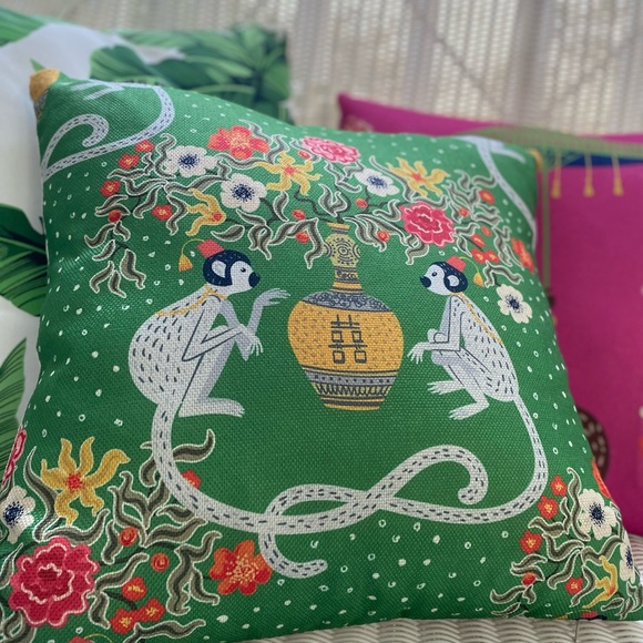 Pink Green Monkey / Blue Ginger Jars Pillow Cover w Insert 17.7” Grandmillennial - Picture 10 of 16